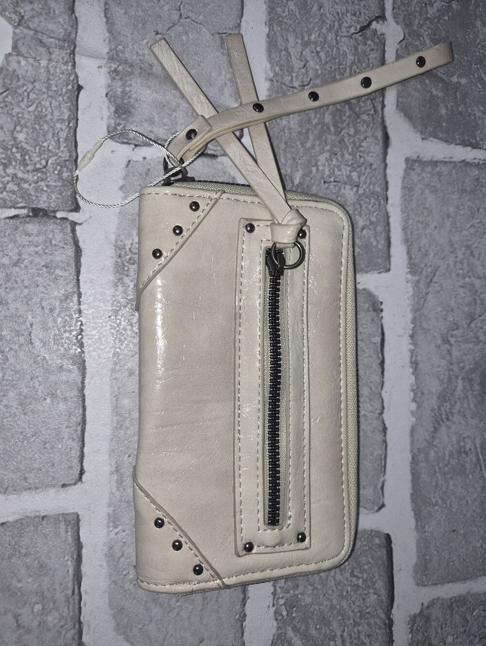 Women's Cream Faux Leather Studded Zip Around Wallet Wristlet